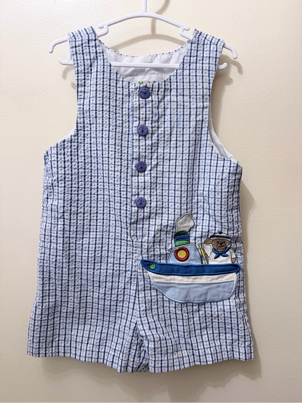 Y2K Samara Seer Sucker Jon Jon Romper Nautical Bear Embroidered Sail Boat 2T